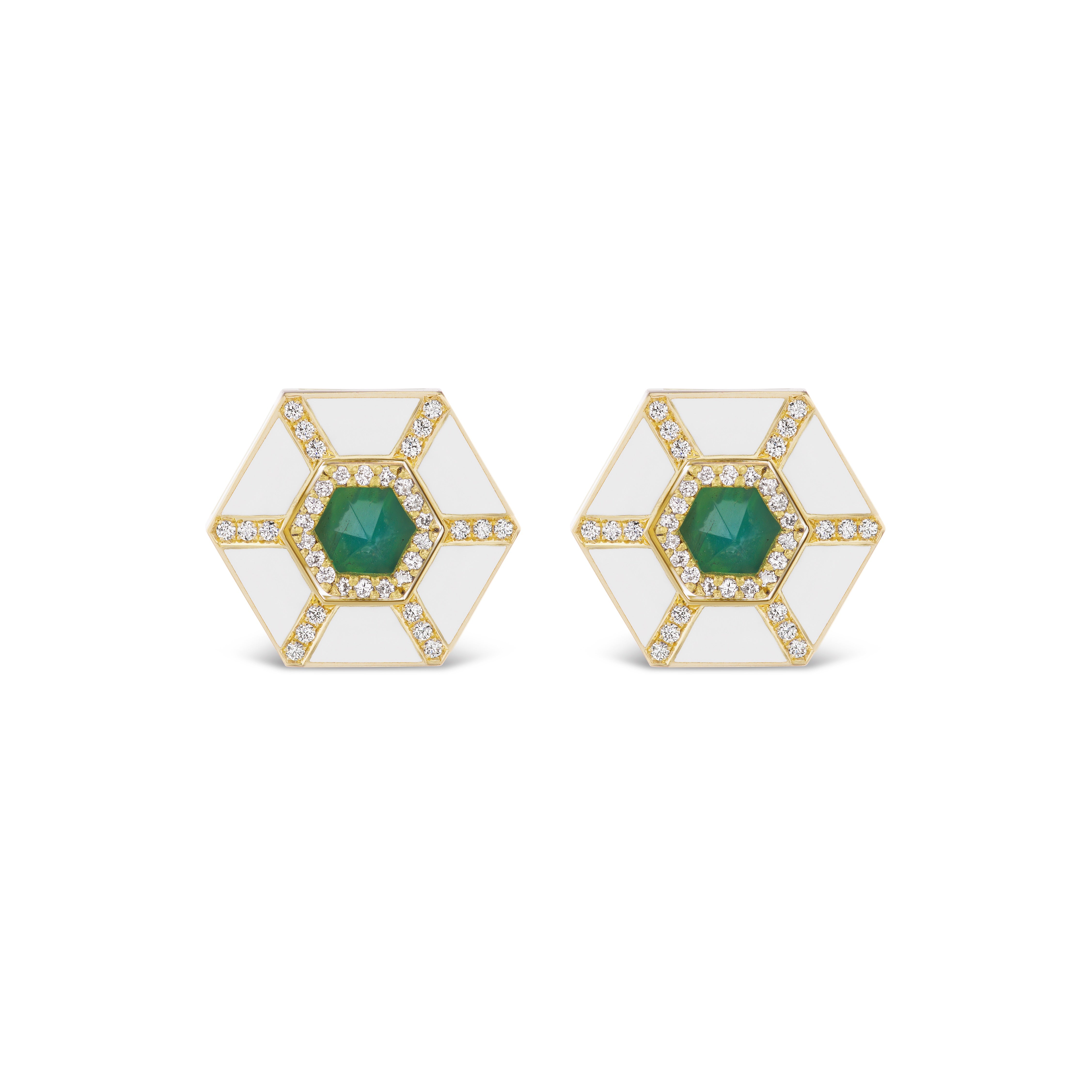The Hexagon Trapezoid Ceramic Pavé Ear Jackets feature hexagonal 18K yellow gold with white enamel, diamond pavé accents, and a central green gemstone in each earring for a timeless, symmetrical look.