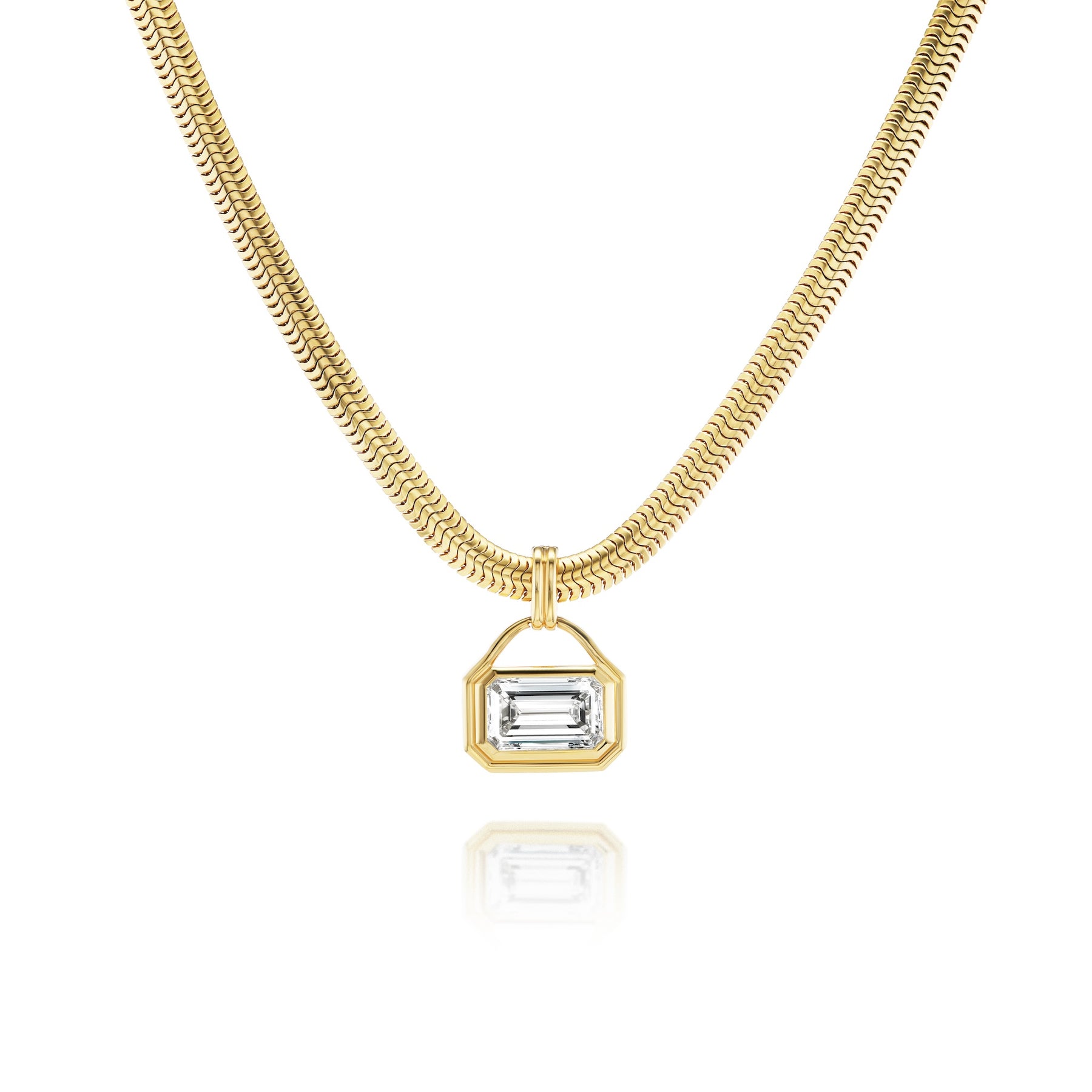 East-West Bezel Set Emerald Cut Diamond Pendant Necklace in Yellow Gold