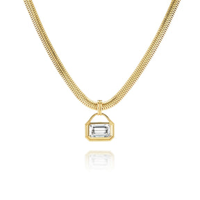 East-West Bezel Set Emerald Cut Diamond Pendant Necklace in Yellow Gold