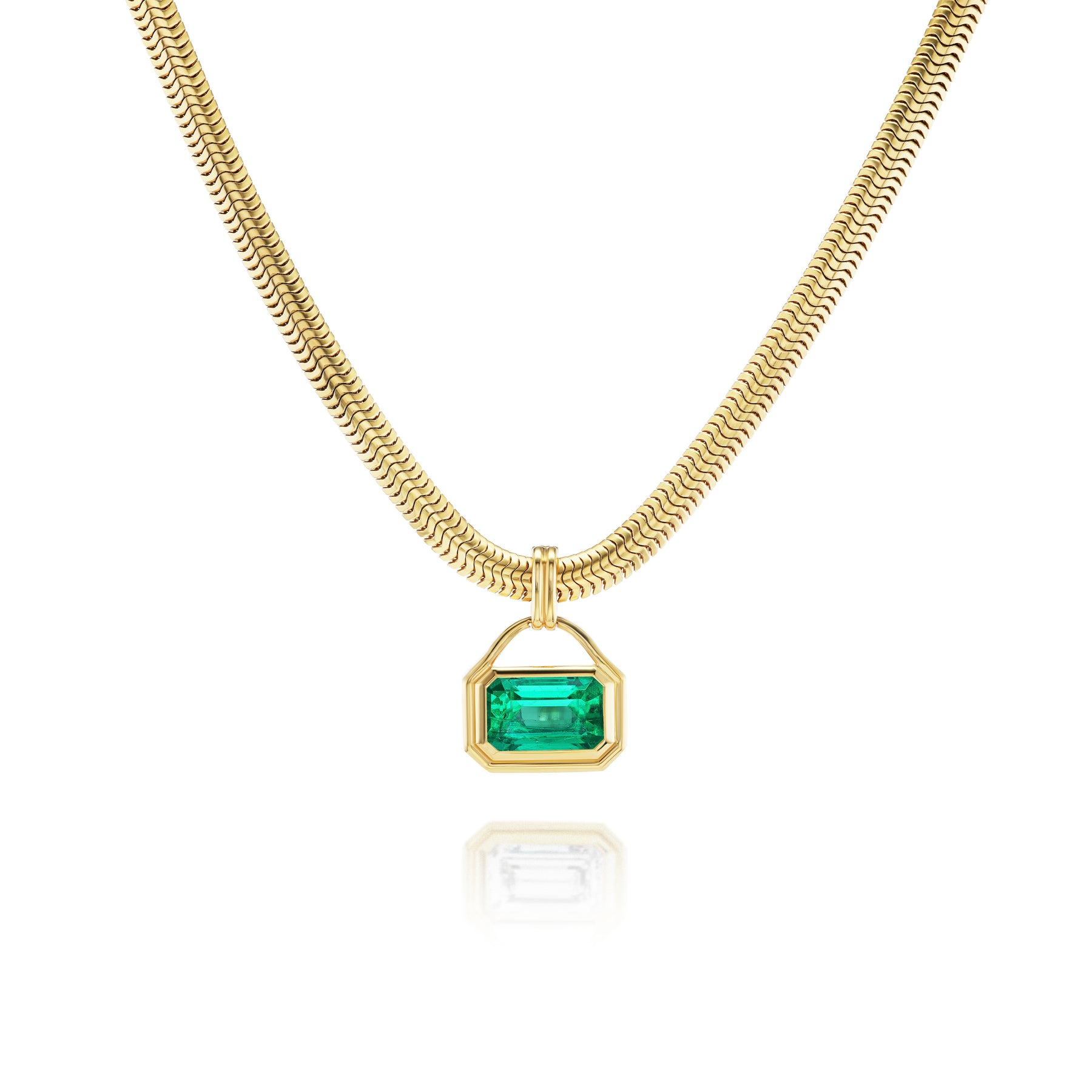 Bezel Set East-West Emerald Cut Emerald Charm Pendant Necklace in Yellow Gold