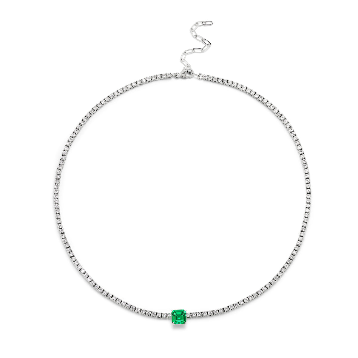 Classic Tennis Necklace with an Asscher Cut Emerald in White Gold