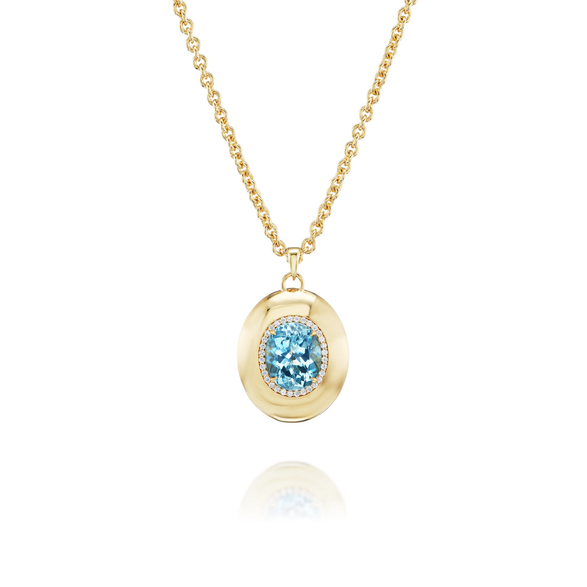 Pavé Oval Cut Aquamarine Collet Pendant in Yellow Gold