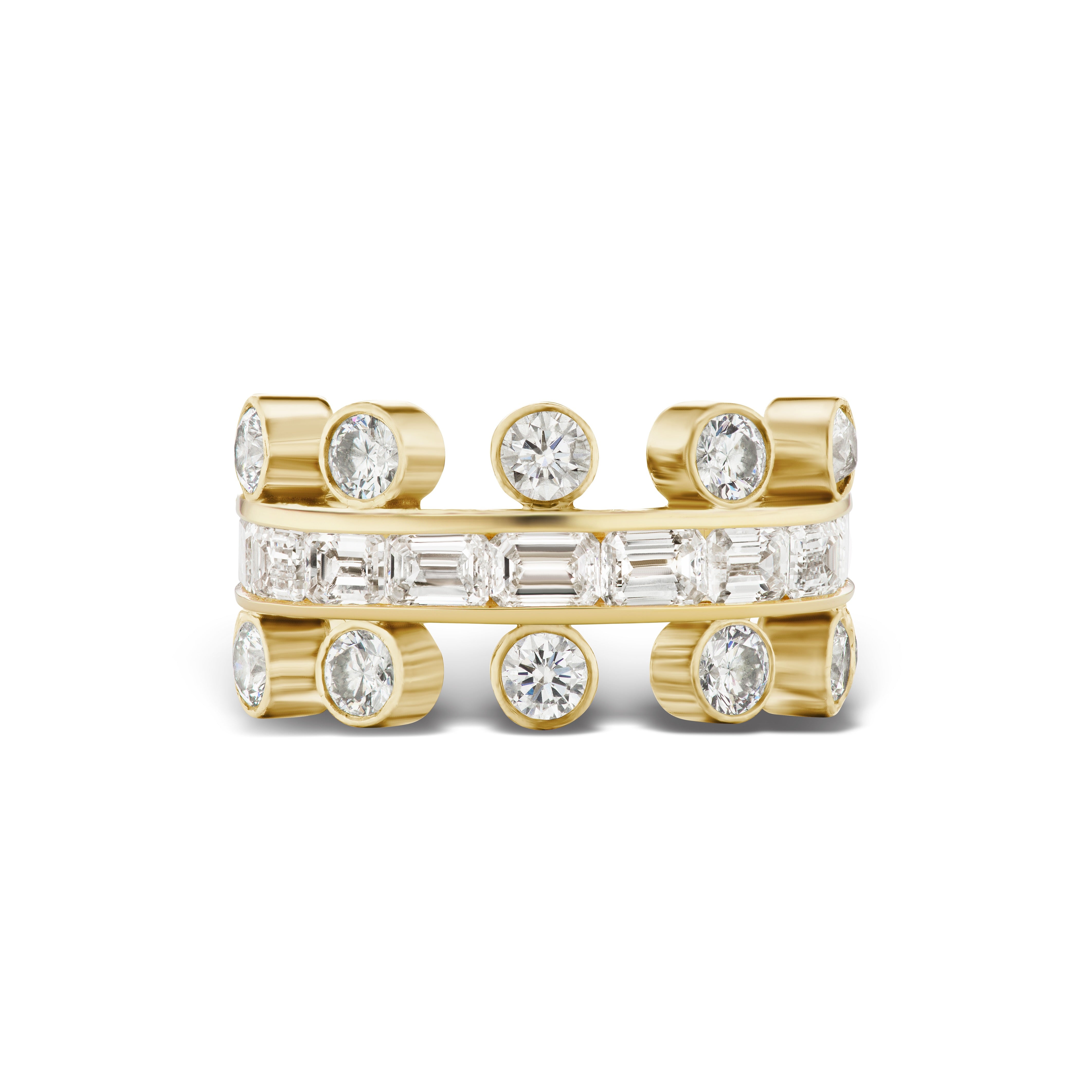 The Crown Ring features round and emerald cut diamonds in bezel settings, set in a luxurious open band design crafted from 18k yellow gold.