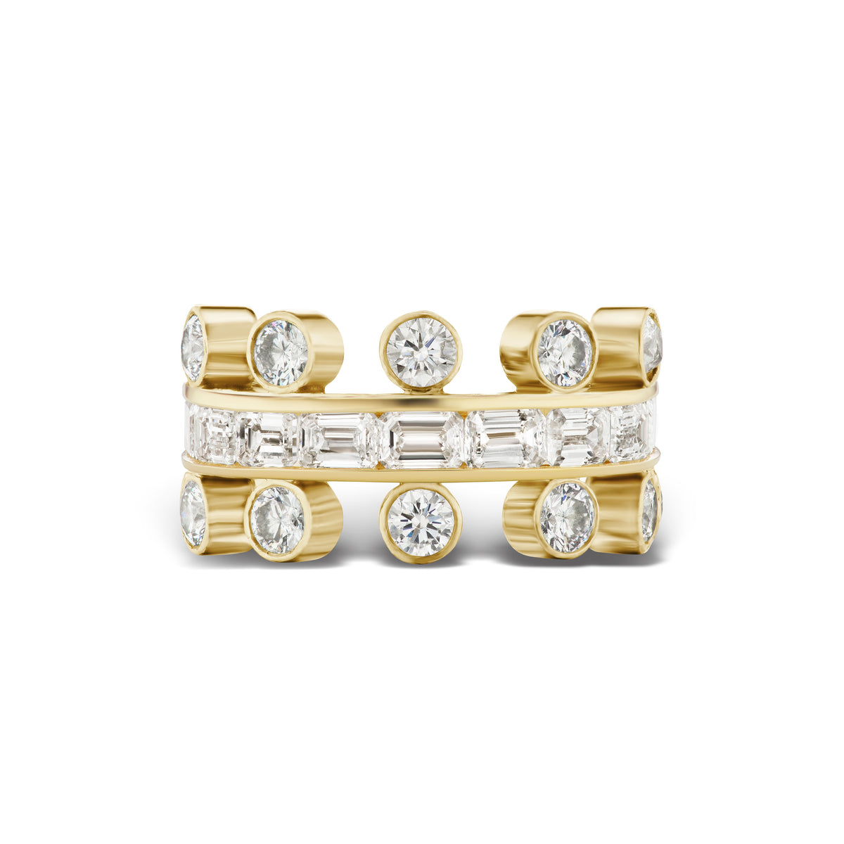 Crown Ring in Yellow Gold with Bezel Set Round and Emerald Cut Diamonds