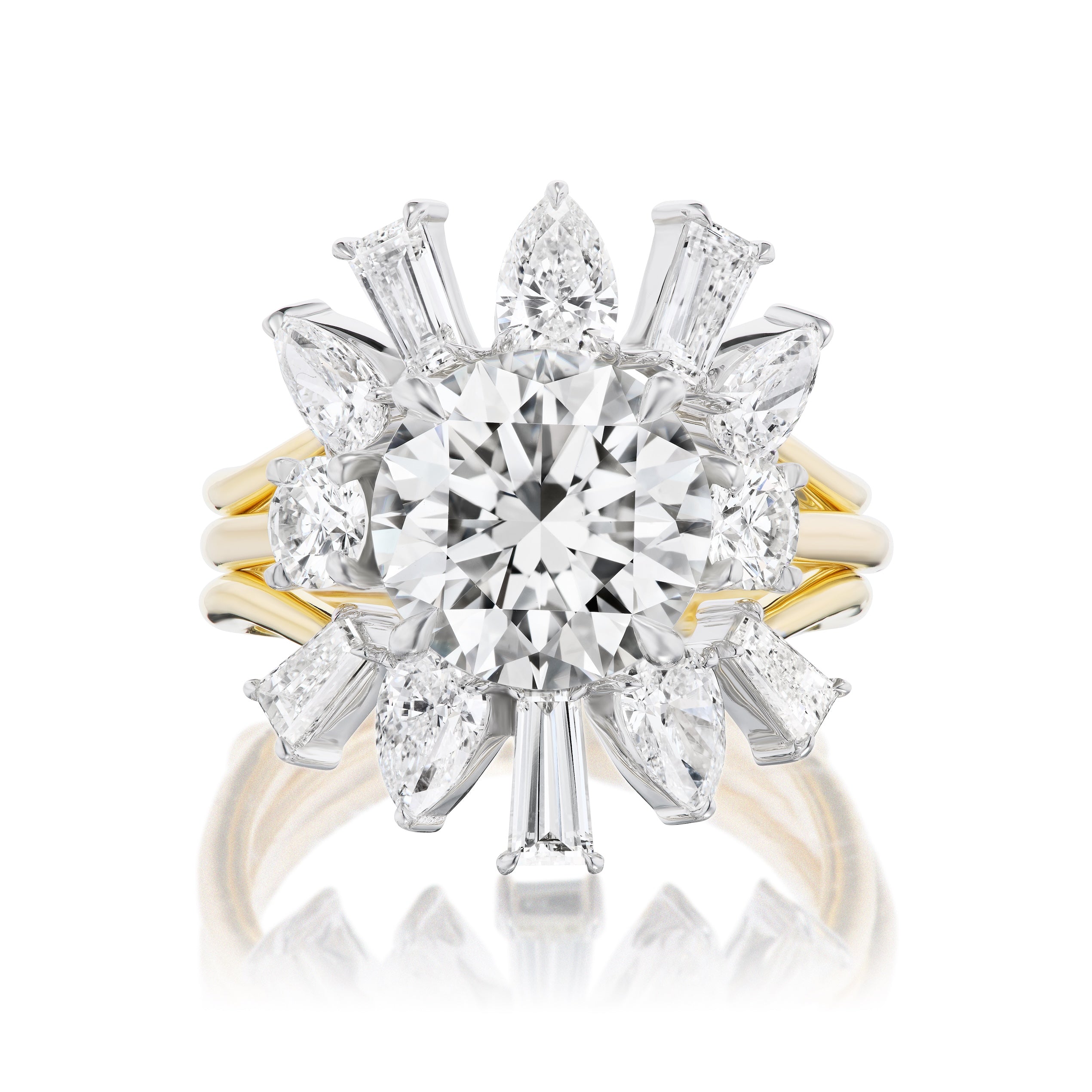 The Bespoke Confetti Diamond Ring Jacket in white and yellow gold features a prominent round diamond, surrounded by various smaller diamonds in a starburst design with a double gold band—an elegant customizable jewelry piece.