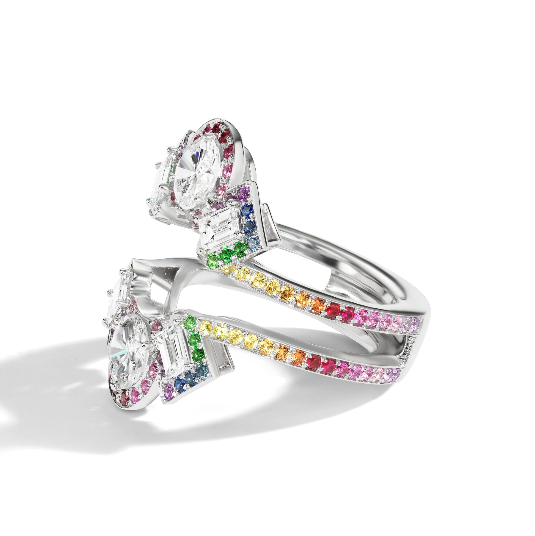 Bespoke Cross Motif Ring Jacket in White Gold with Round and Emerald Cut Diamonds and Rainbow Sapphire Pavé Halo and Band