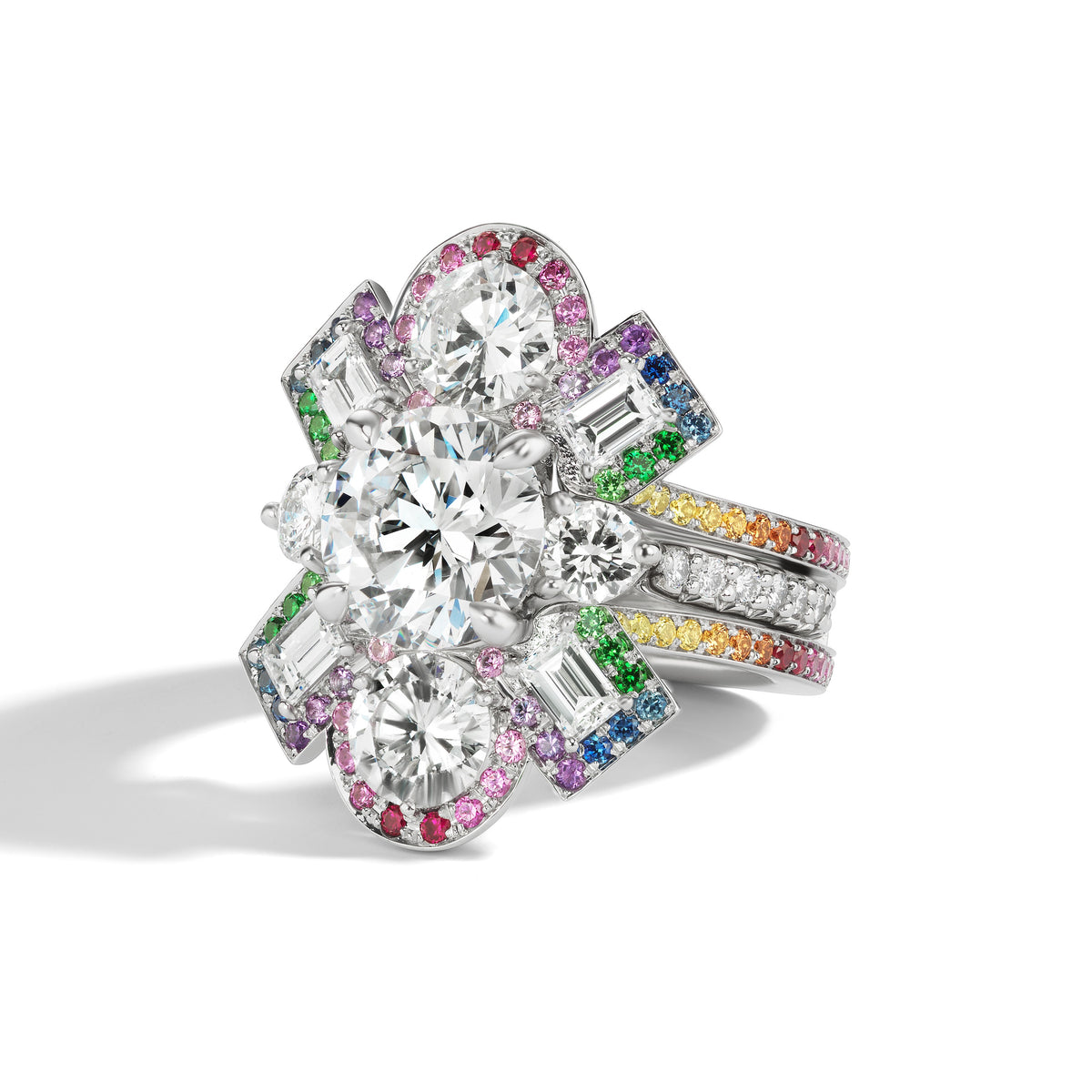 Bespoke Cross Motif Ring Jacket in White Gold with Round and Emerald Cut Diamonds and Rainbow Sapphire Pavé Halo and Band