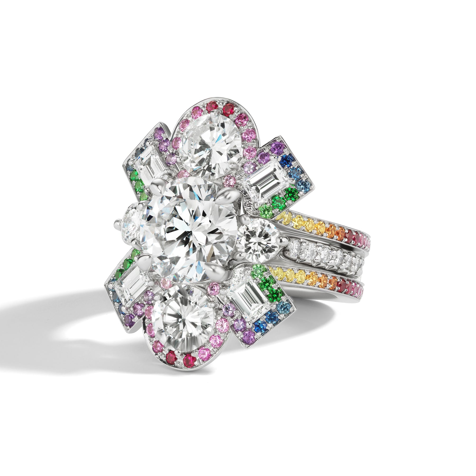 Bespoke Cross Motif Ring Jacket in White Gold with Round and Emerald Cut Diamonds and Rainbow Sapphire Pavé Halo and Band