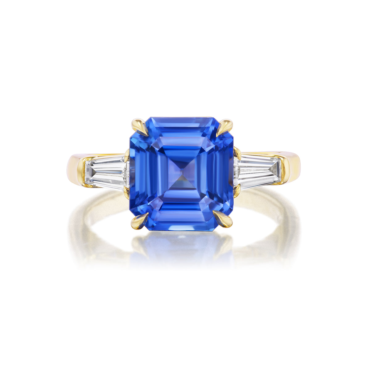Asscher Cut Sapphire Engagement Ring with Tapered Baguette Diamond Side Stones