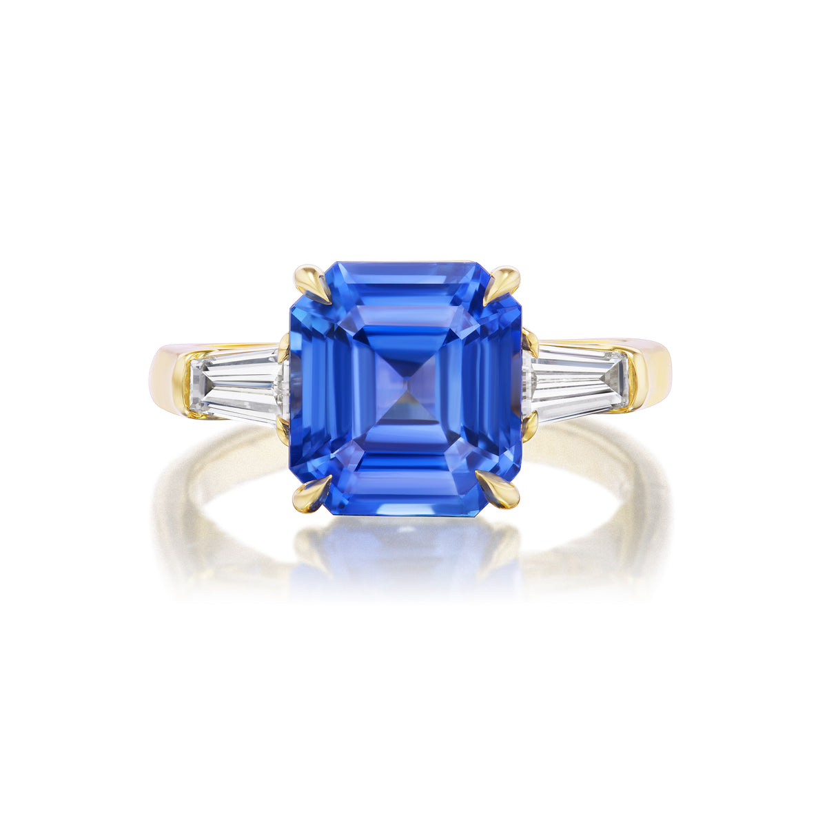 Asscher Cut Sapphire Engagement Ring with Tapered Baguette Diamond Side Stones in Yellow Gold