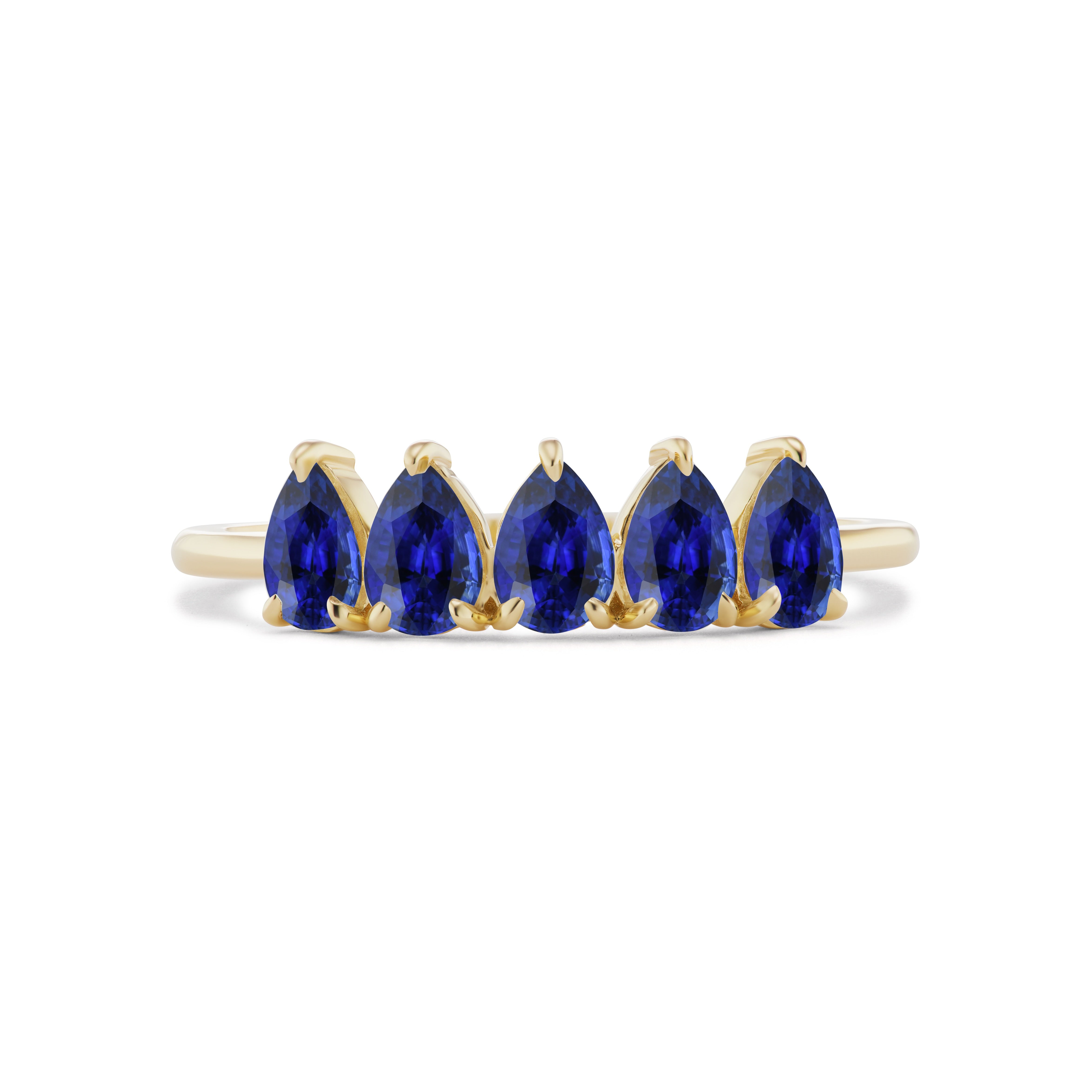 The North-South Set Pear Shape Blue Sapphire Ring in Yellow Gold showcases five pear-shaped blue sapphires in prong settings on 18K yellow gold, presented against a white background.