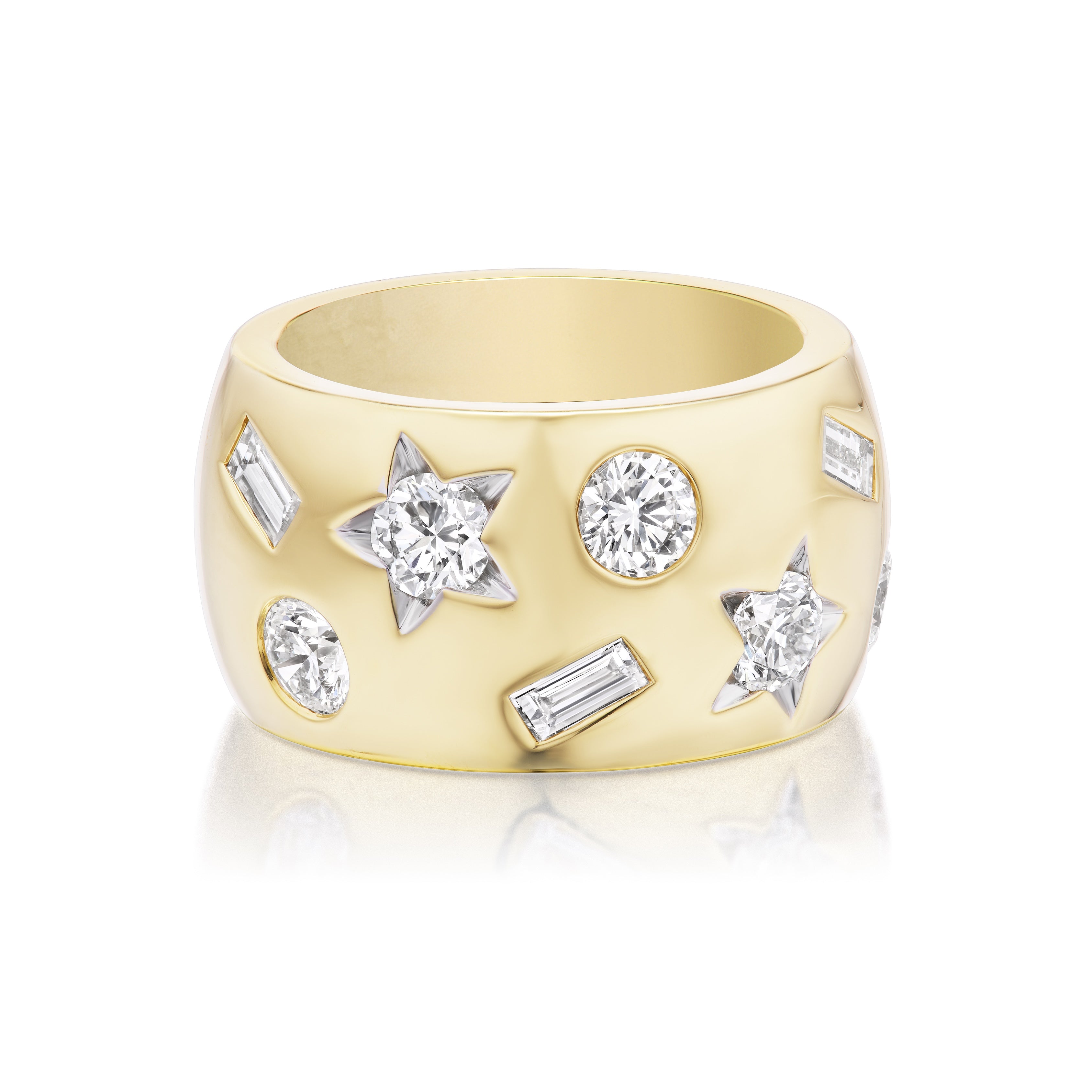 The Large Celestial Cigar Band in yellow gold features mixed shape diamonds—round, star, and rectangular—scattered around the band, from our Celestial Collection.