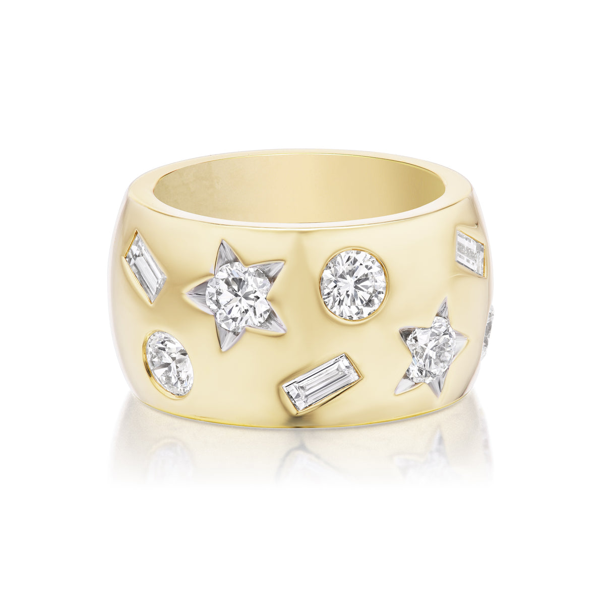 Large Celestial Cigar Band in Yellow Gold with Mixed Shape Diamonds