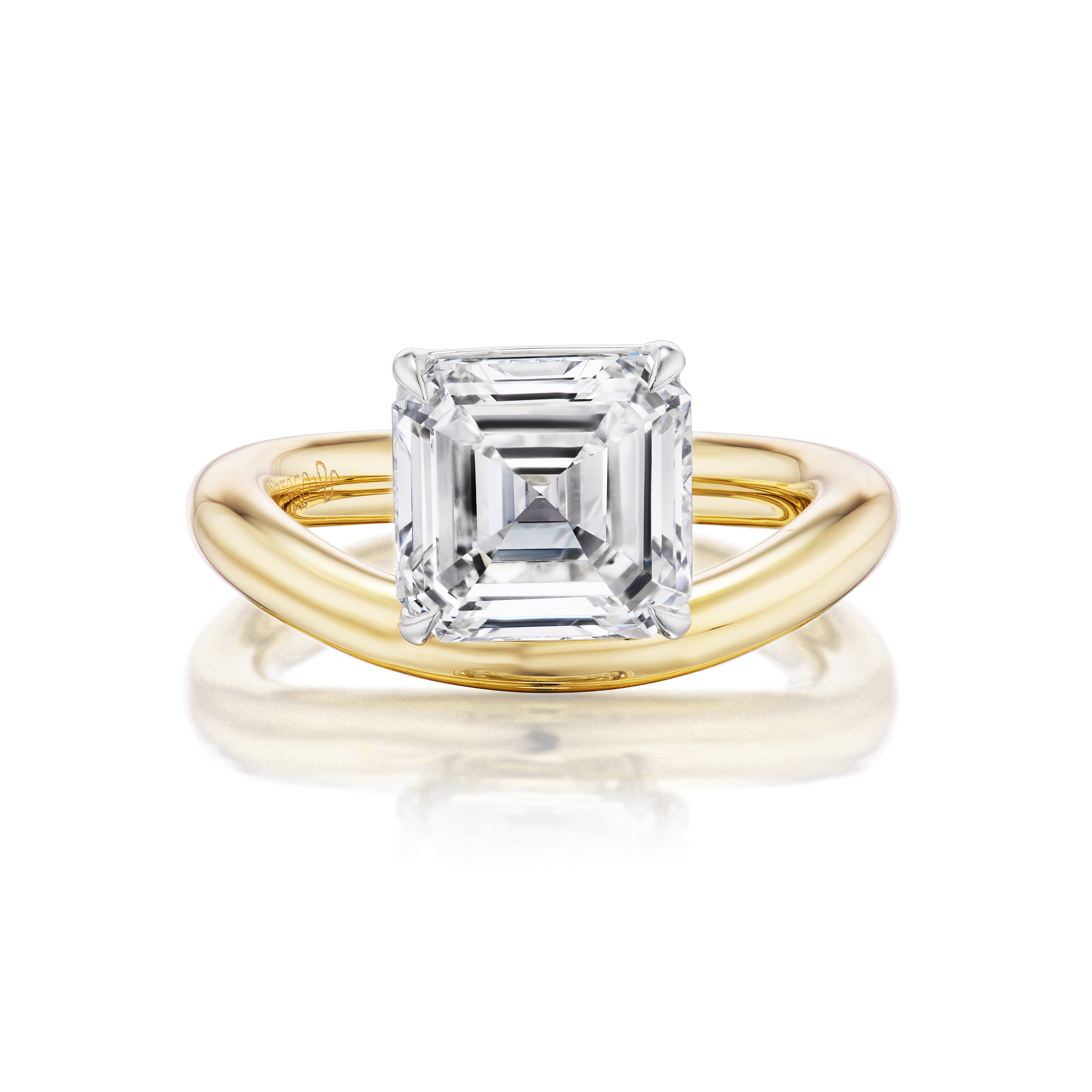 The Perch Pinky Ring in Yellow Gold features an Asscher Cut Diamond as its centerpiece, beautifully displayed on a white background.