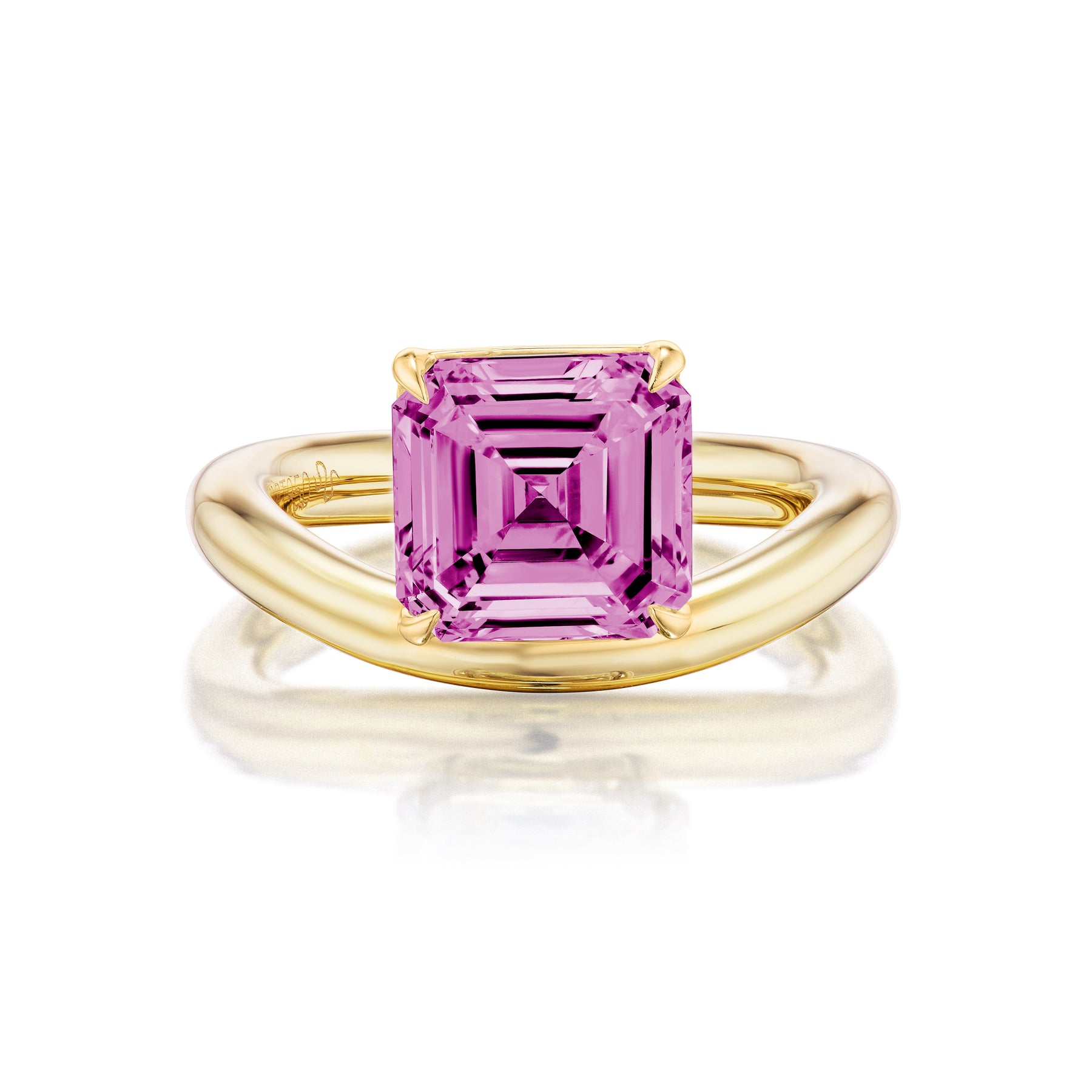 Pinky Ring in Yellow Gold with Asscher Cut Pink Sapphire