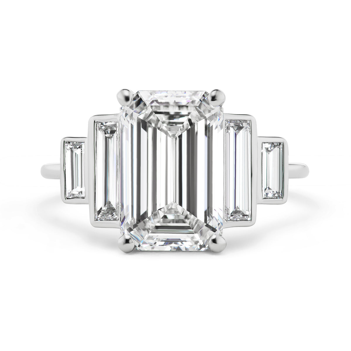 Echo Emerald Cut Diamond Engagement Ring with Bezel Set Baguette Side Stones