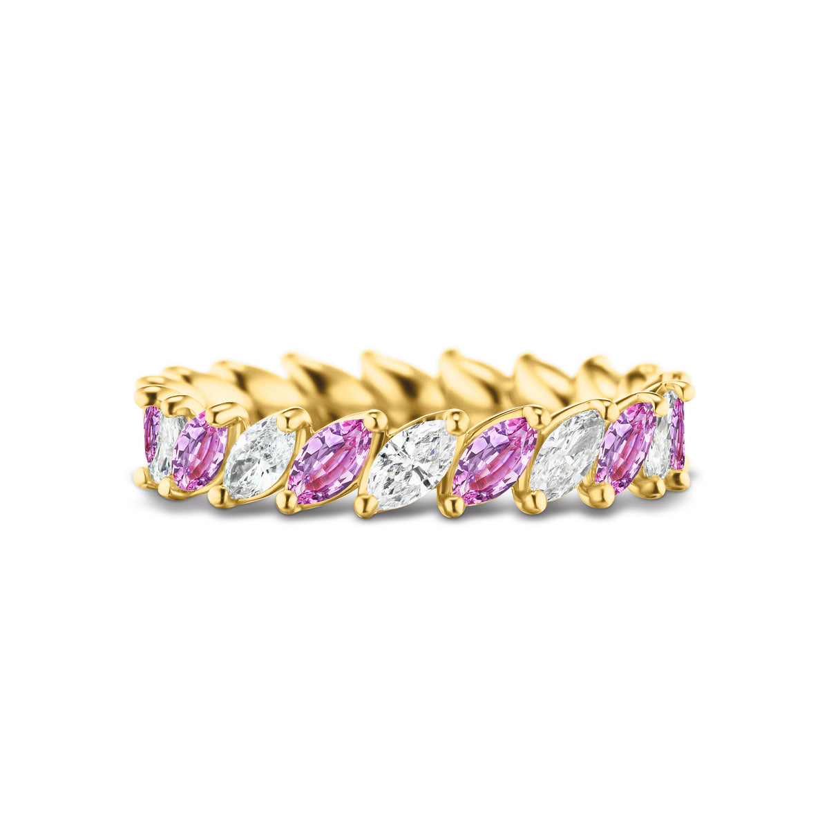 Marching Marquise Eternity Band with Alternating Sapphires and Diamonds in Yellow Gold