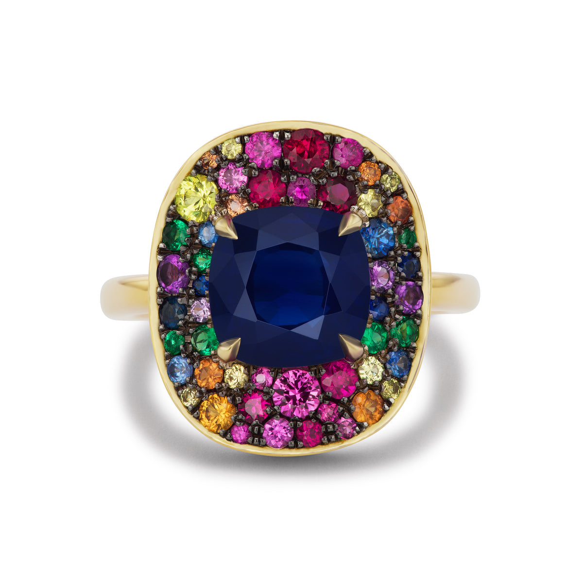 Multicolor Cocktail Ring in Yellow Gold with Cushion Cut Sapphire and Round Sapphires