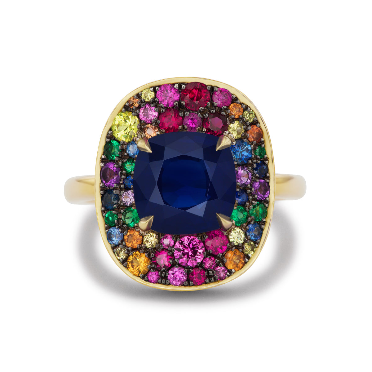 Cobblestone Cocktail Ring in Yellow Gold with Cushion Cut Sapphire and Multicolor Round Sapphires