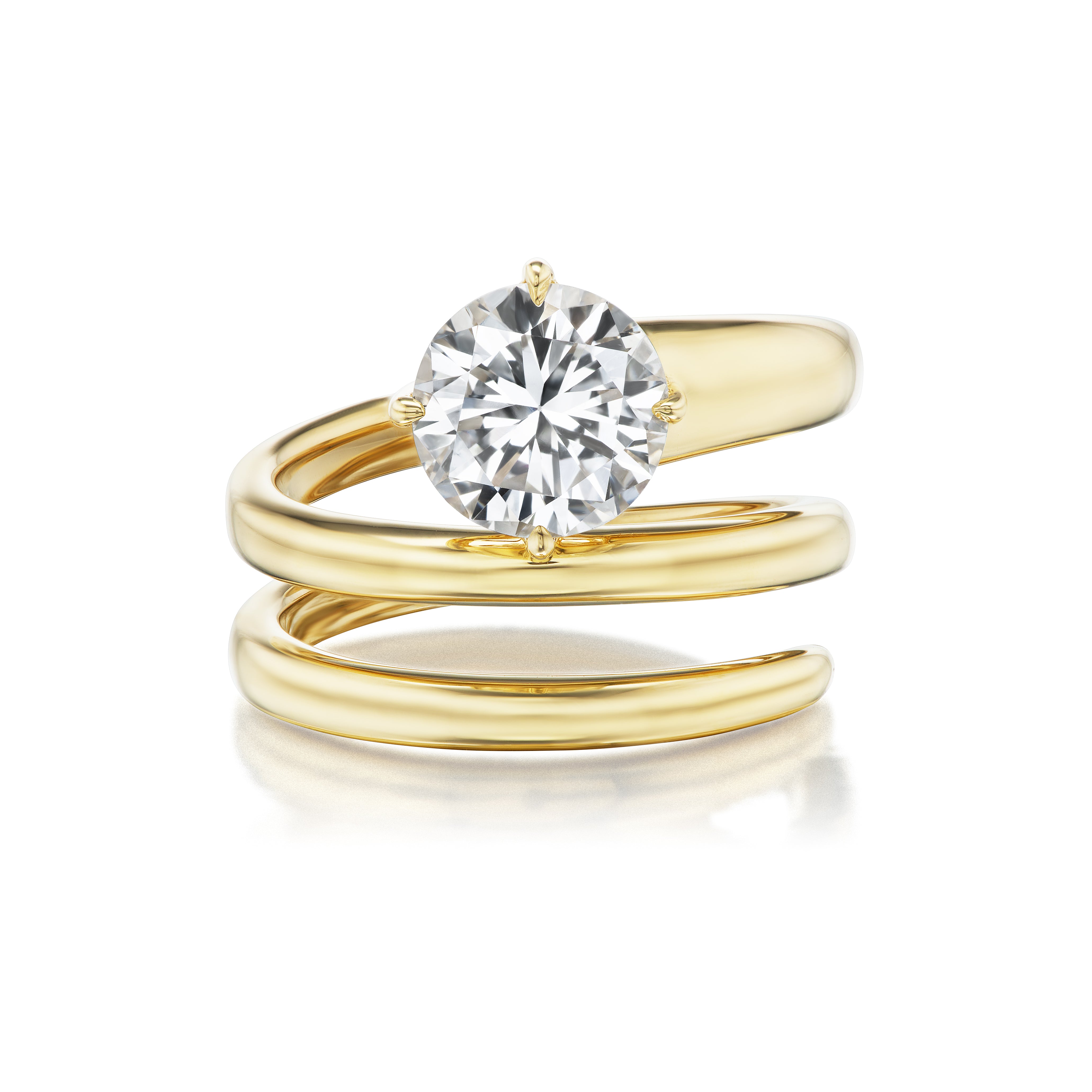 The Pinky Wraparound Ring With Diamond features a modern, triple-band serpentine gold design with a large round-cut diamond centerpiece. Its polished bands curve elegantly around the finger for a striking, contemporary look.