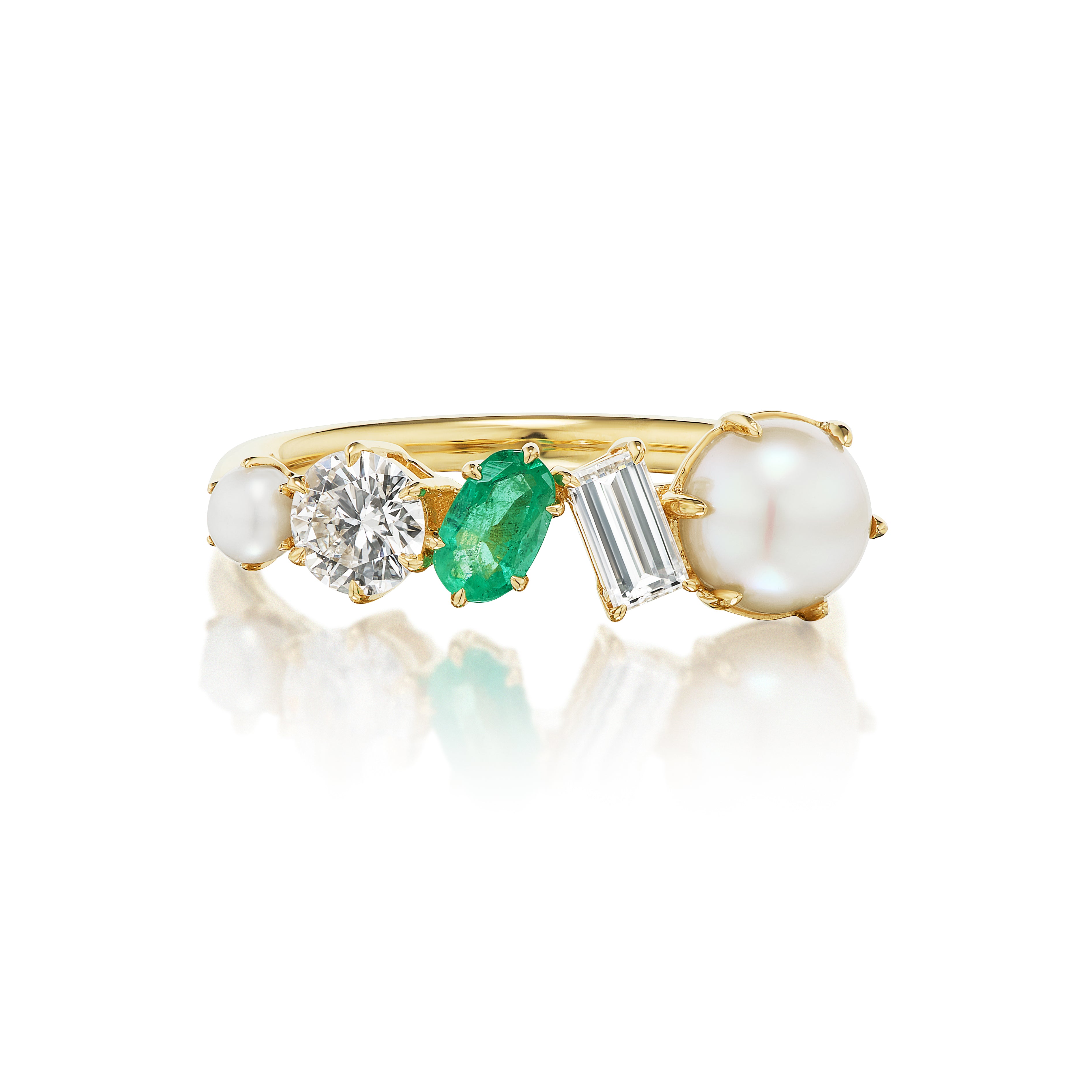 The Mixed Shape Pearl, Diamond and Emerald Half-Eternity Band features a gold band with a round pearl, diamond, green emerald, baguette-cut diamond, and larger pearl in an elegant asymmetrical setting—a stunning bespoke jewelry piece.