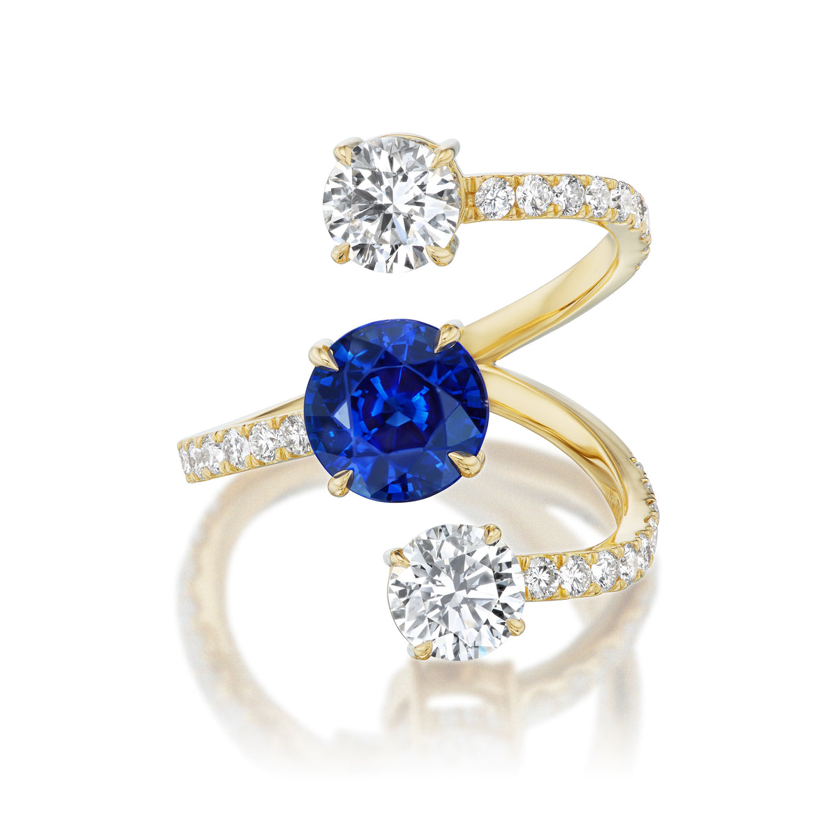 Wraparound Ring in Yellow Gold with Round Brilliant Sapphire, Diamonds, and Pavé Band