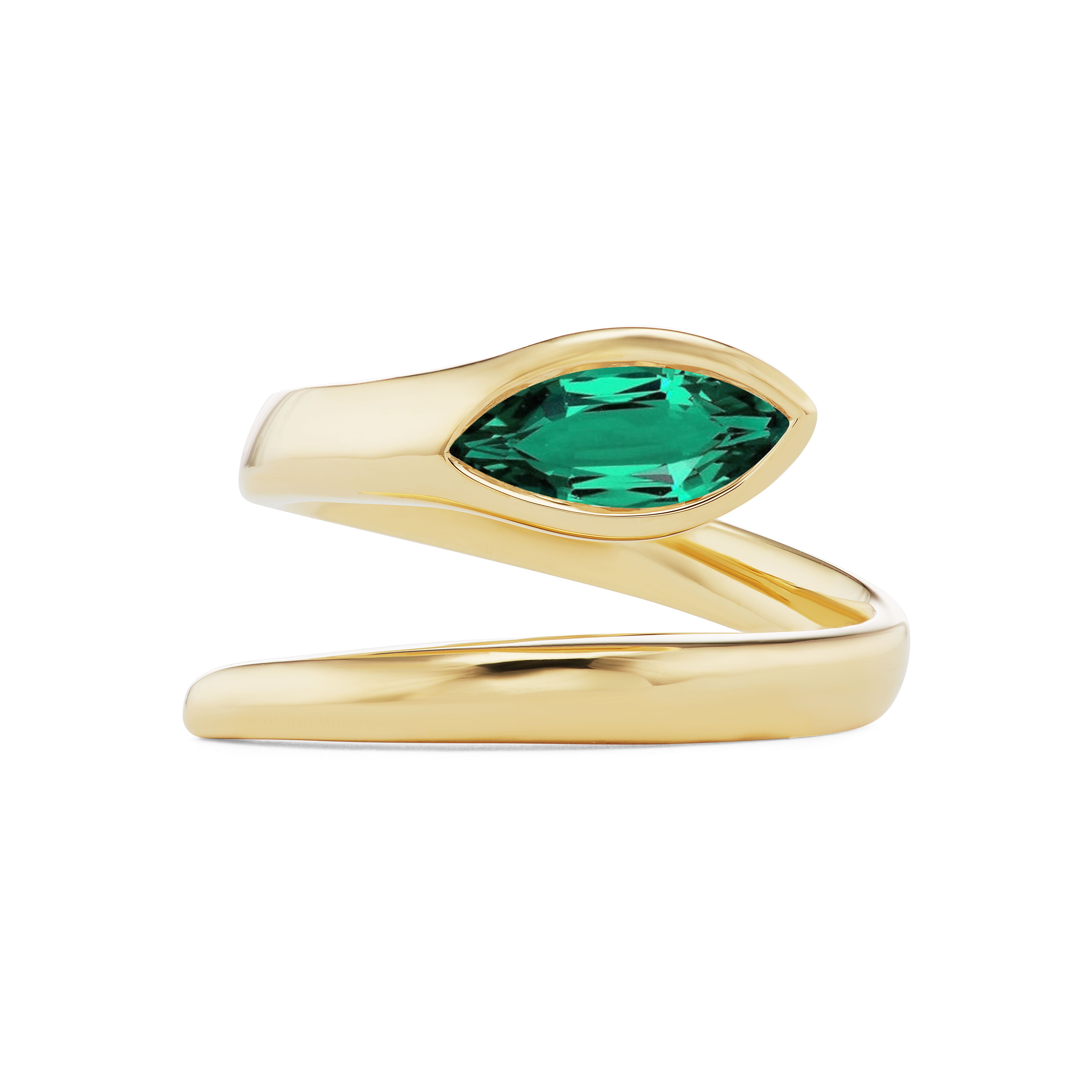 The Wraparound Snake Ring in yellow gold features a stunning marquise emerald set at the top, crafted in 18K yellow gold and displayed on a white background.