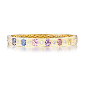 Burnished Multicolor, Mixed Shape, Diamond and Sapphire Bangle in Yellow Gold