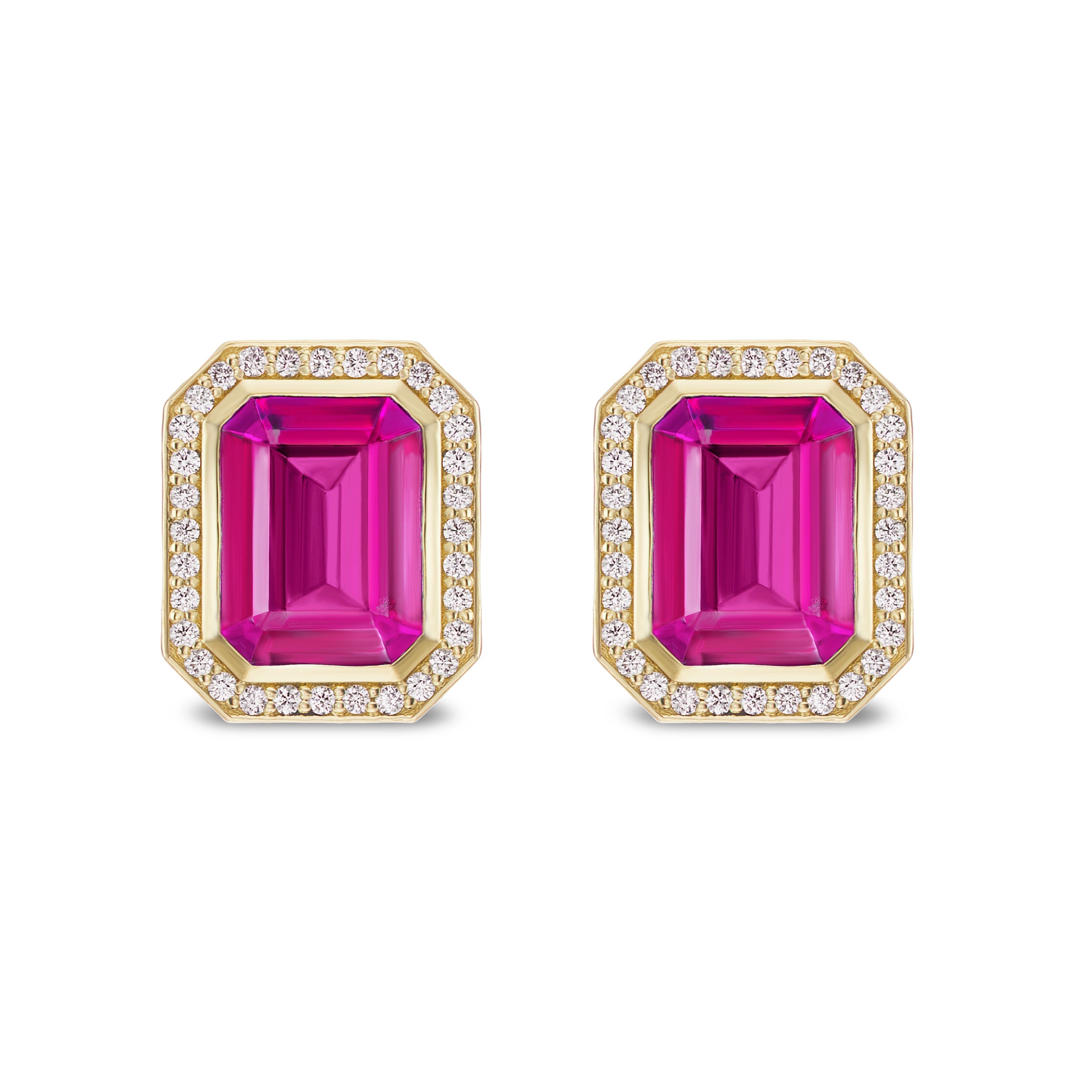 Emerald Cut Pink Sapphire Studs with Diamond Pavé