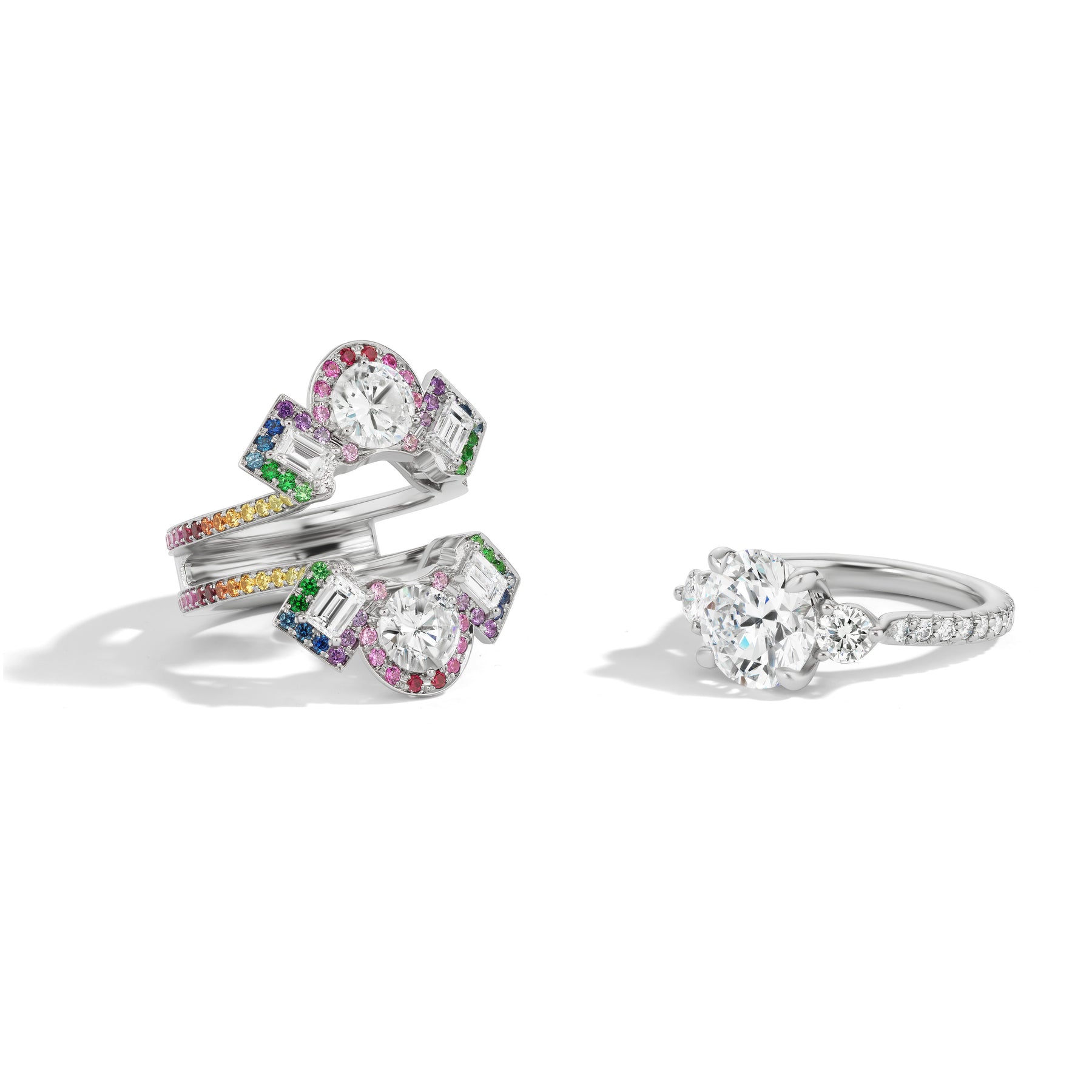 Bespoke Cross Motif Ring Jacket in White Gold with Round and Emerald Cut Diamonds and Rainbow Sapphire Pavé Halo and Band