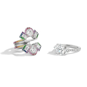 Bespoke Cross Motif Ring Jacket in White Gold with Round and Emerald Cut Diamonds and Rainbow Sapphire Pavé Halo and Band