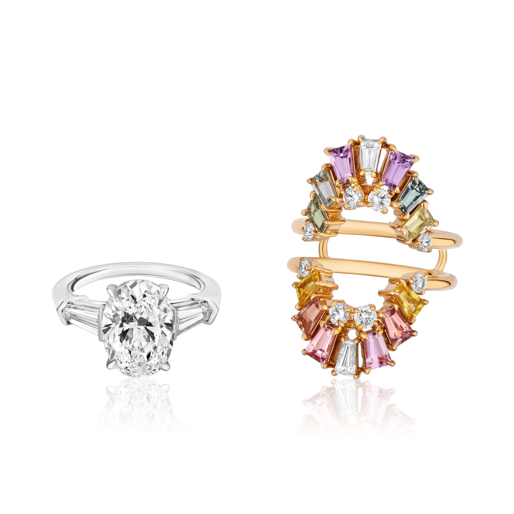 Bespoke Multicolor Tapered Baguette Sapphire and Round Diamond Ring Jacket in Yellow Gold