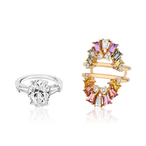 Bespoke Multicolor Tapered Baguette Sapphire and Round Diamond Ring Jacket in Yellow Gold