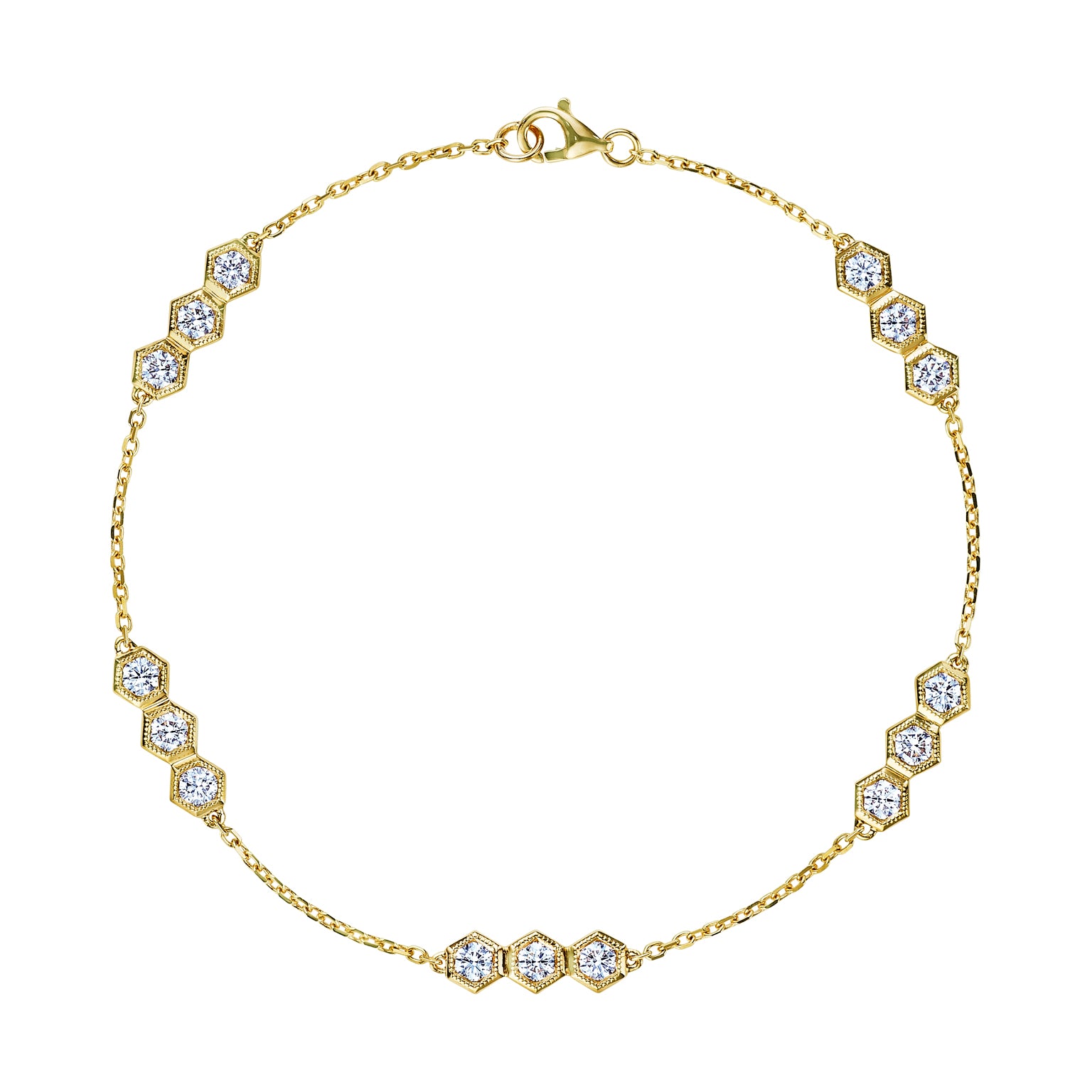 The Serpentine Station Bracelet with Hexagon Diamond Trios is an 18k gold bracelet featuring small hexagonal clusters of round brilliant diamonds, evenly spaced along a fine chain with a lobster claw clasp.