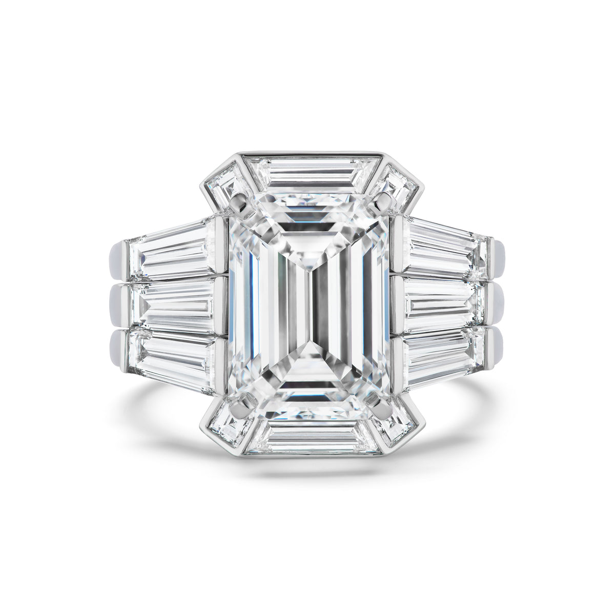 Bespoke Geometric Bezel Set Baguette and Asscher Cut Diamond Ring Jacket in White Gold