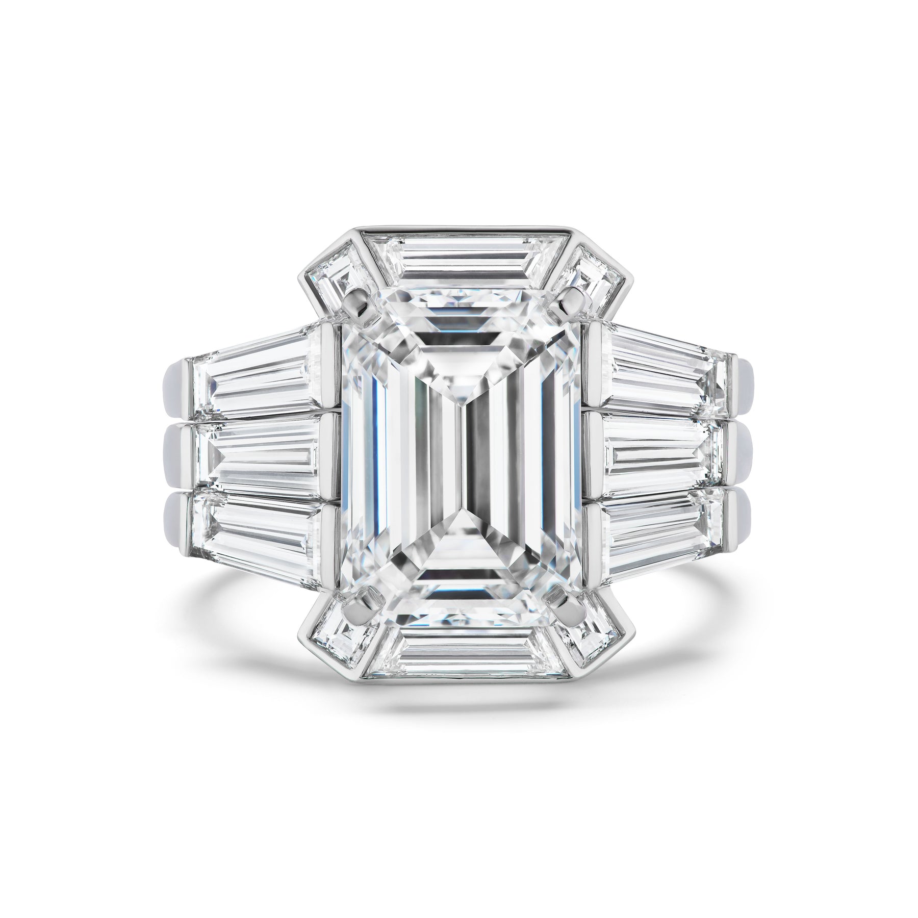 Bespoke Geometric Bezel Set Baguette and Asscher Cut Diamond Ring Jacket in White Gold