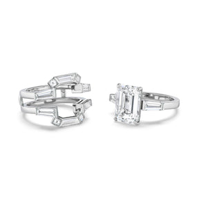 Bespoke Geometric Bezel Set Baguette and Asscher Cut Diamond Ring Jacket in White Gold