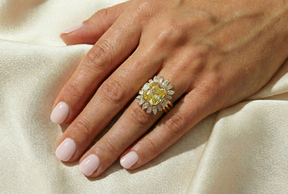 Bezel Set Cushion Cut Yellow Diamond Ring Jacket with Pear and Emerald Cut Side Stones