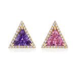 This & That Pavé Trinity Studs feature trillion-cut purple and pink sapphires, each framed by a pavé of white diamonds, all set in elegant 18K yellow gold.