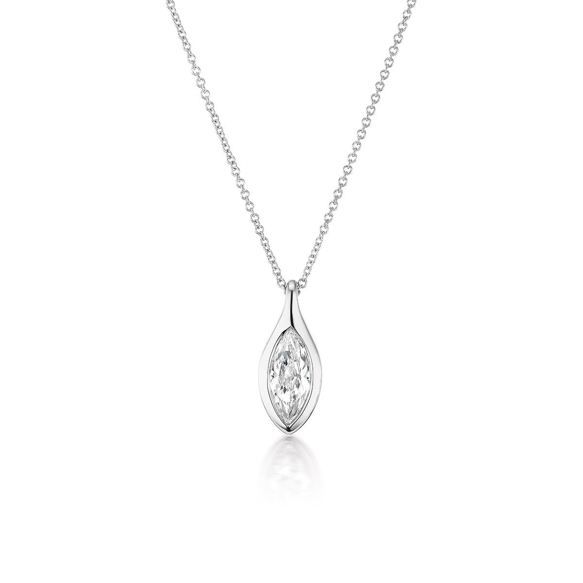 The Serpent Bezel Set Marquise Diamond Solitaire Pendant features a delicate silver chain and a marquise diamond in a sleek leaf-shaped bezel setting, shown against a white background.