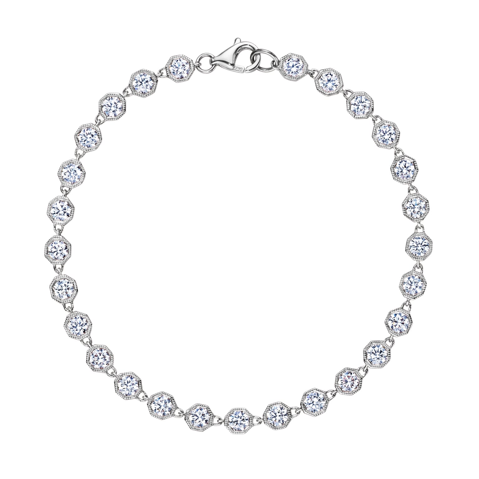 The Hexagon Bezel Set Diamond Link Bracelet features round, sparkling clear diamonds in hexagonal bezels, arranged in a continuous, elegant circle with a secure clasp closure.