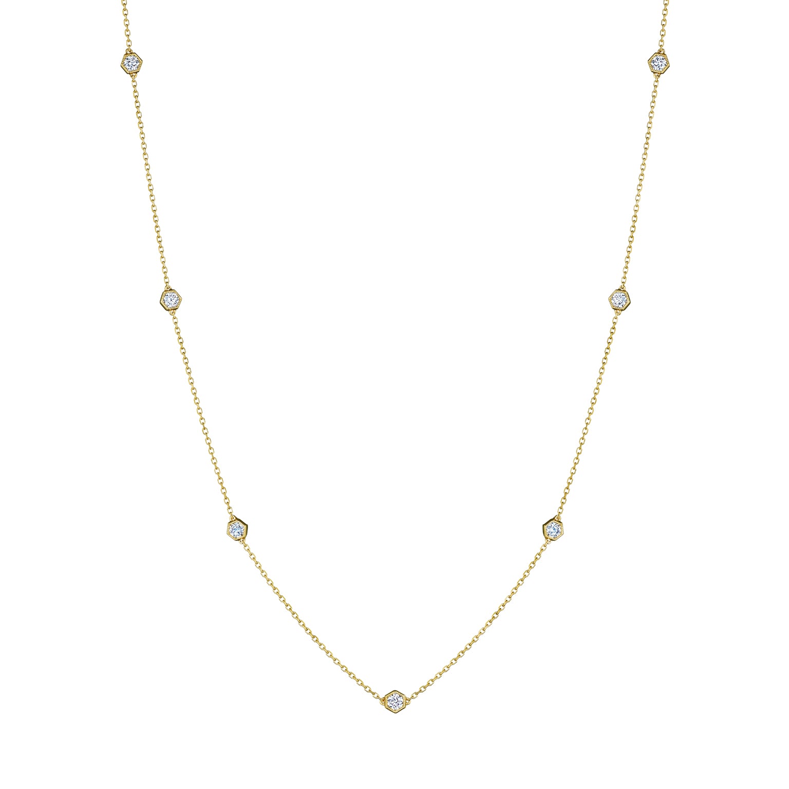 The Large Serpentine Station Necklace features hexagon bezel-set diamonds evenly spaced along its elegant design.