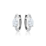 The Pavé Huggie with Pear Diamonds earrings showcase a large teardrop-shaped clear gemstone and smaller round stones on the front, beautifully displayed on a white background.