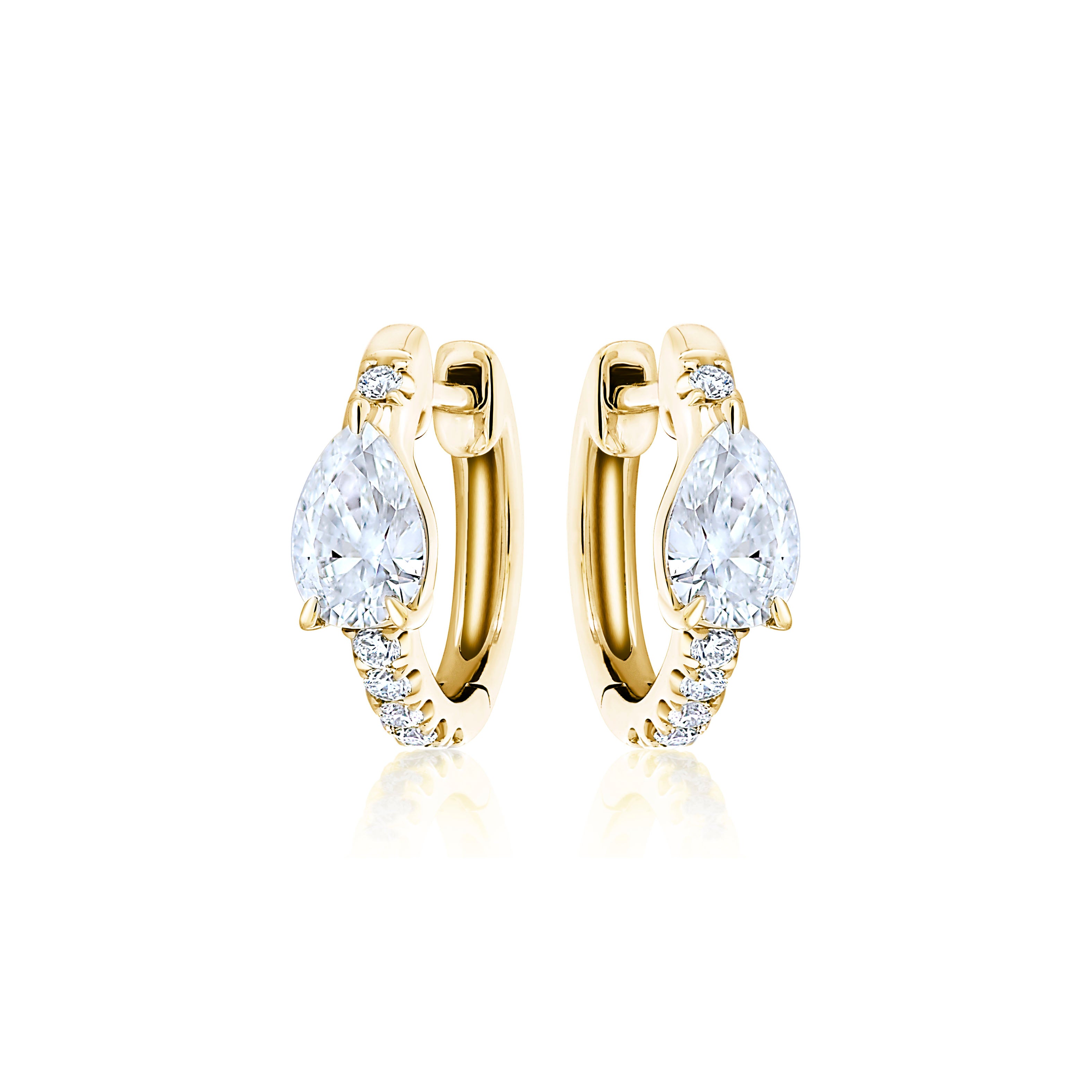 Pavé Huggie with Pear Diamonds: 18k gold hoop earrings with a pear-shaped diamond center and small round stones along the front, shown on a white background.