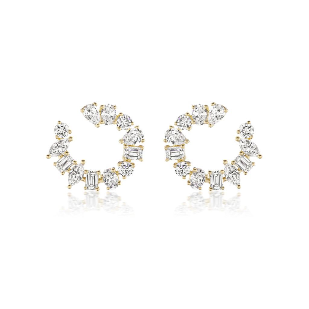 Front-to-Back Hoops with Mixed Shape Diamonds: circular 18k gold earrings featuring round, marquise, and baguette diamonds in an open hoop design, shown on a white background.