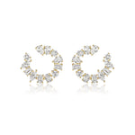 Front-to-Back Hoops with Mixed Shape Diamonds: circular 18k gold earrings featuring round, marquise, and baguette diamonds in an open hoop design, shown on a white background.