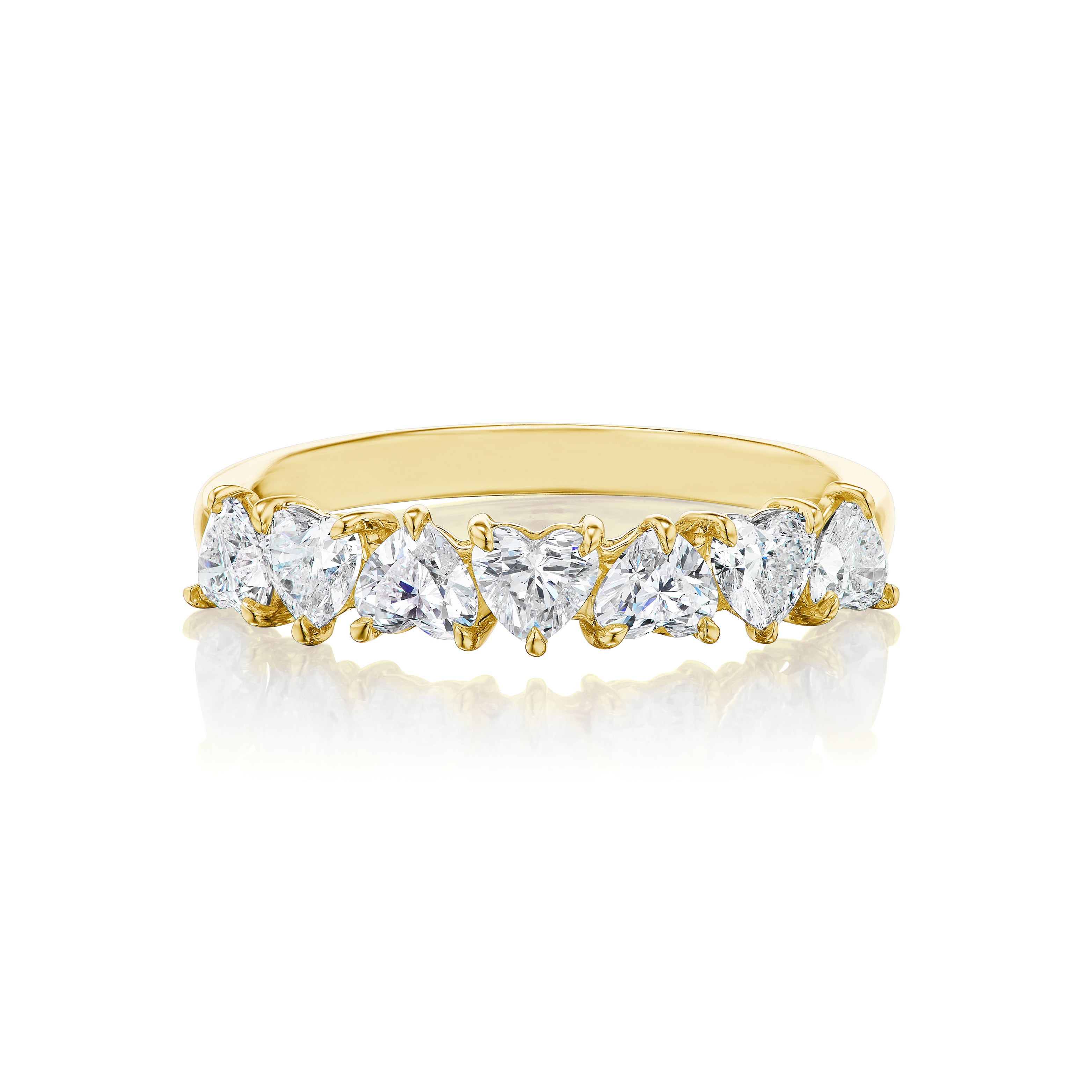 The Up and Down Heart Diamond Half Eternity Band features seven sparkling heart-shaped diamonds set in a row on a gold band, shown on a white background with a subtle reflection—ideal for bridal or special occasion rings.