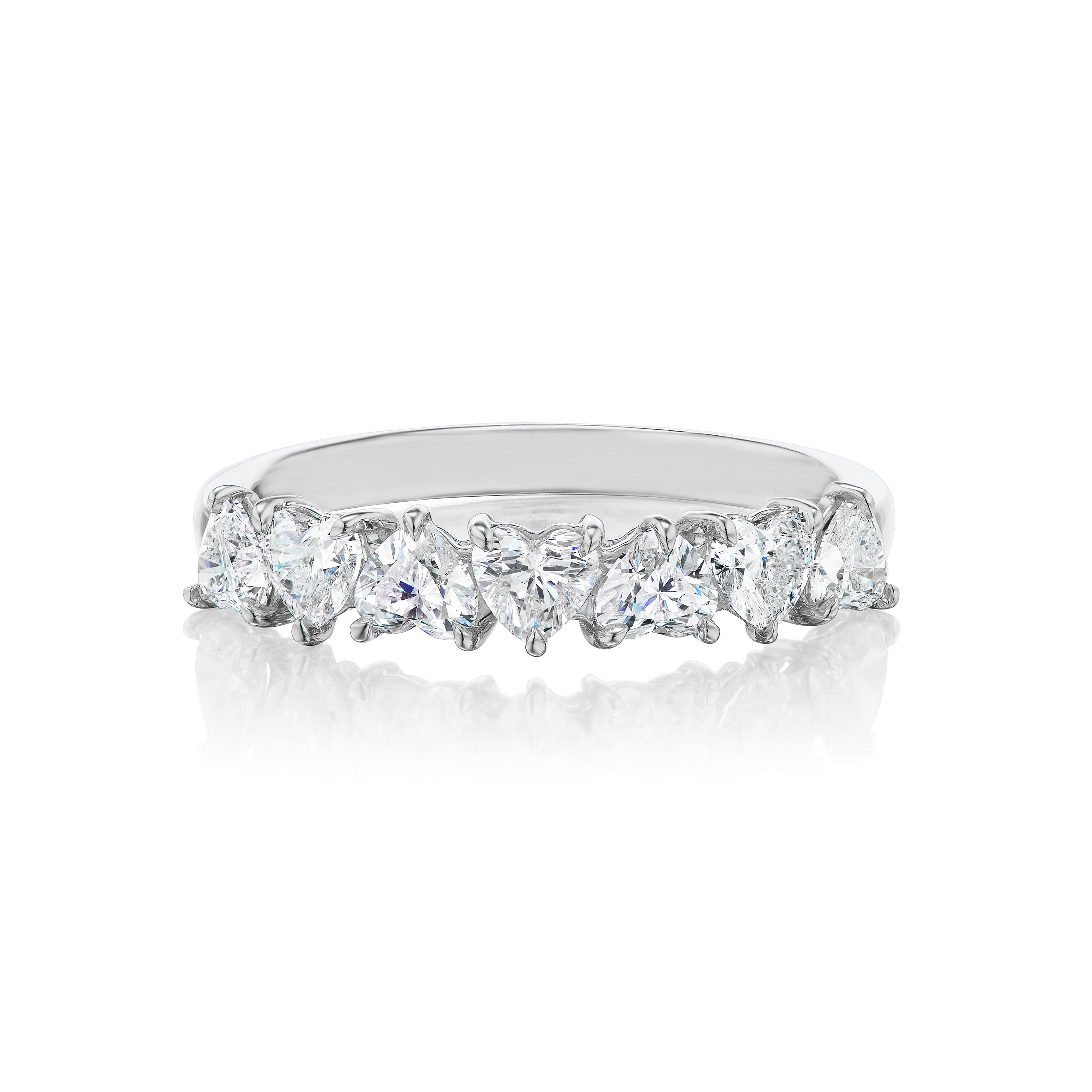 The Up and Down Heart Diamond Half Eternity Band features sparkling pear- and marquise-shaped white diamonds set in silver—a stylish, elegant choice for bridal or celebration rings, shown on a white background.