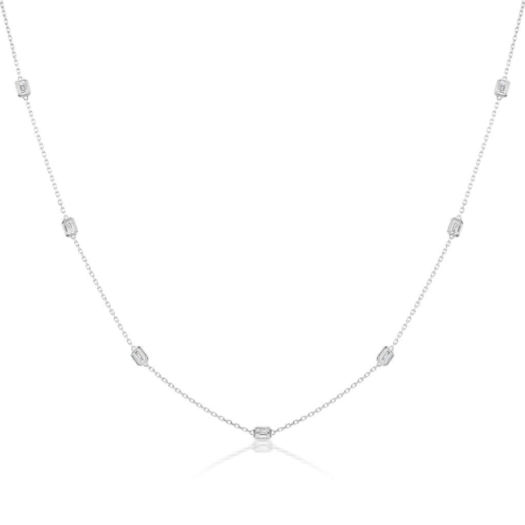 Serpentine Station Necklace with Emerald Cut Diamonds in White Gold
