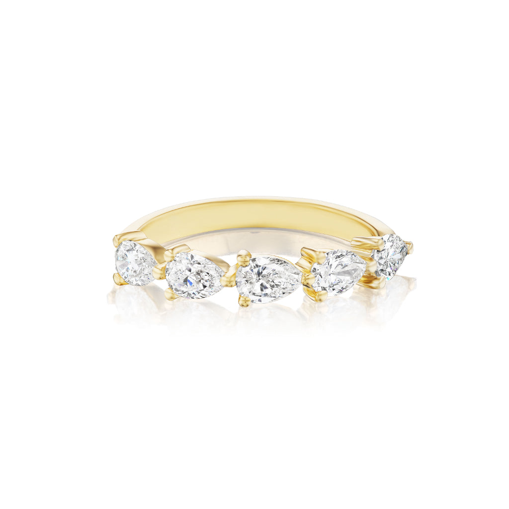 The Chasing Pears Diamond Half Eternity Band in Yellow Gold features five pear-shaped white diamonds in a row on a white background, ideal as a bridal or celebration ring.
